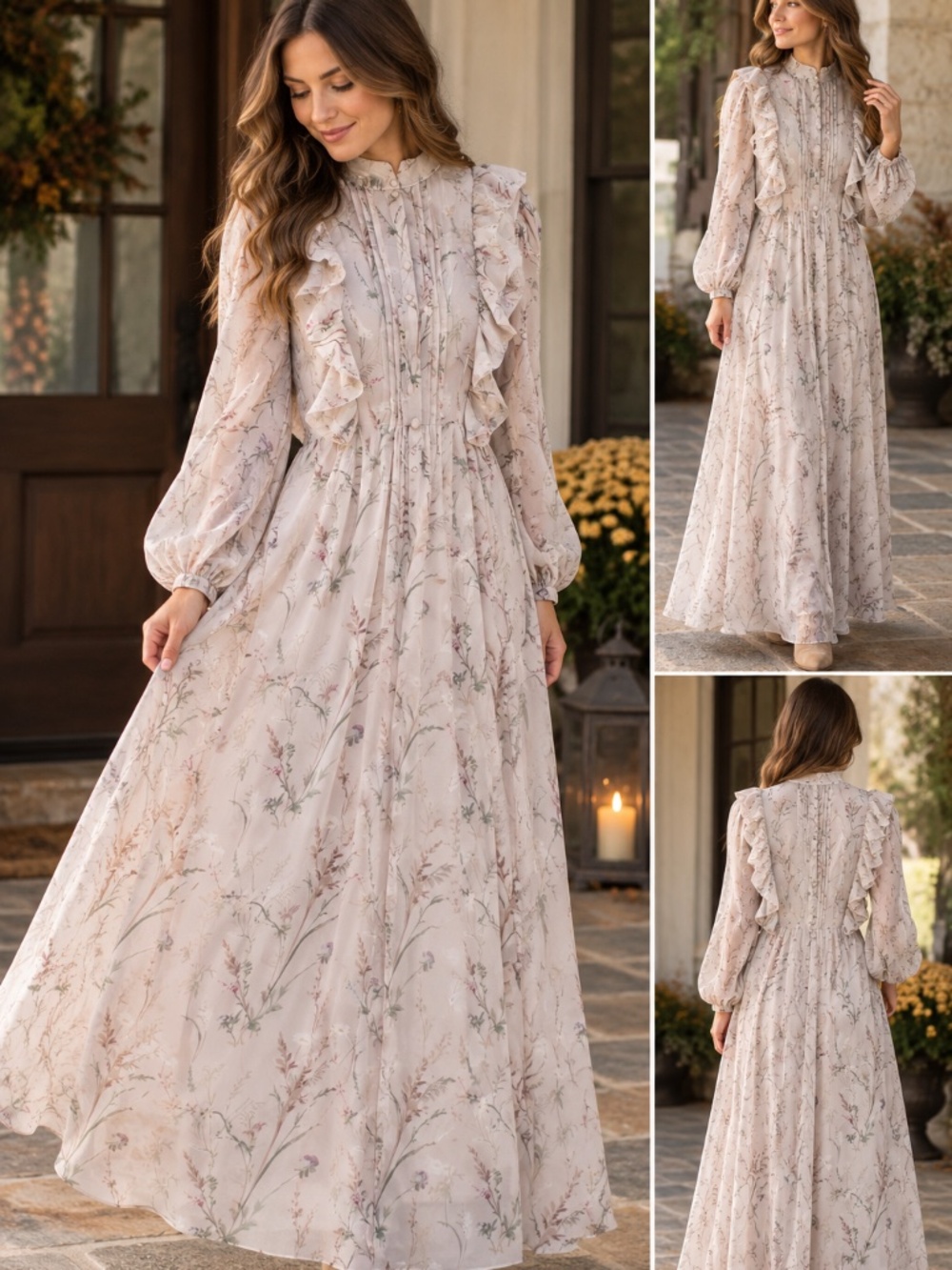 NWT XS Floral Chiffon Maxi Dress Ruffle Cottagecore Prairie Romantic Boho Sheer